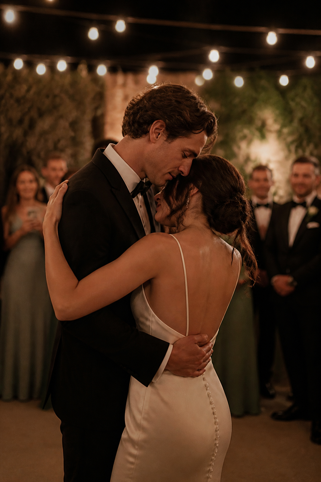 Bride and groom embracing at their wedding
