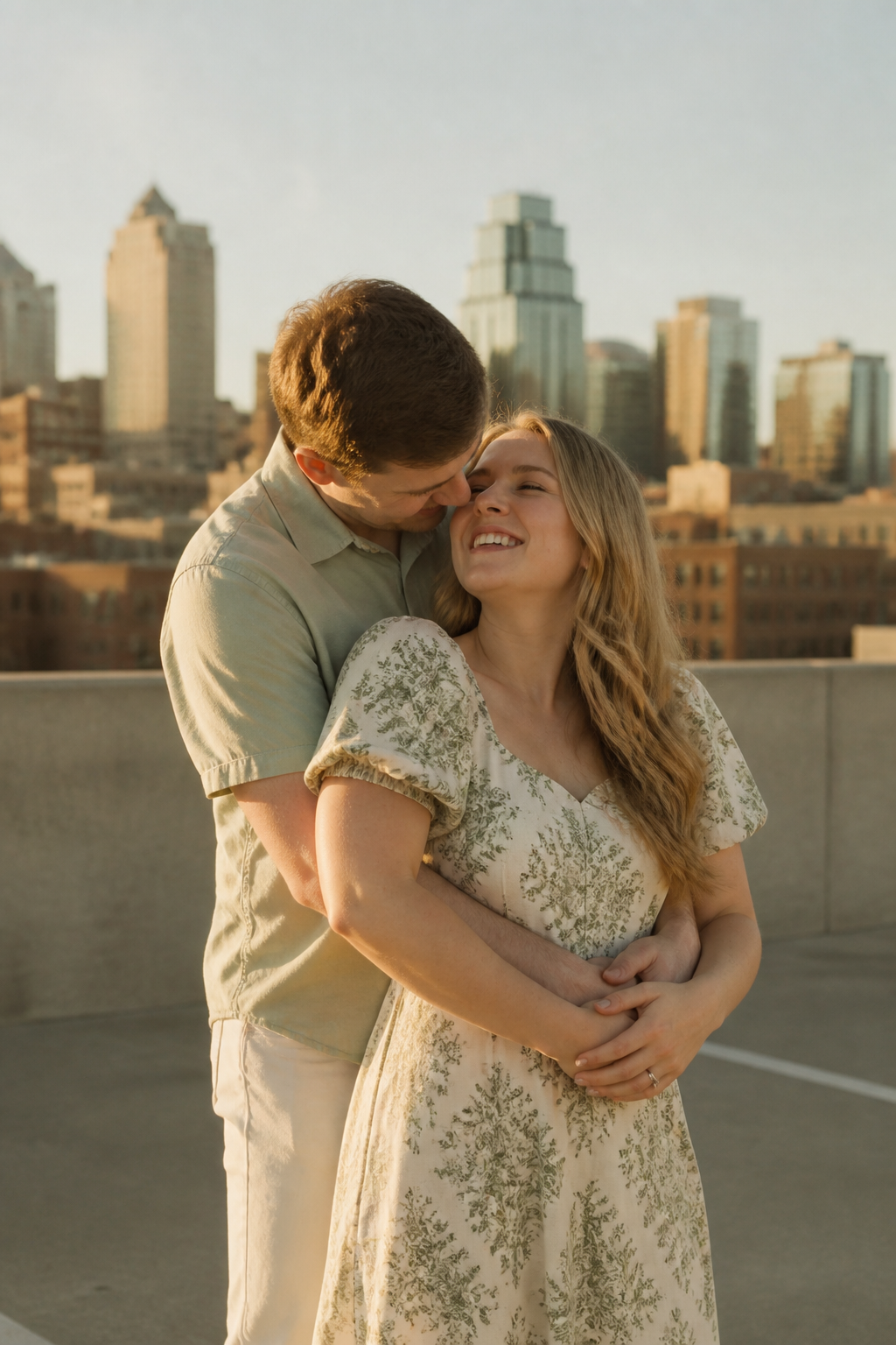Golden hour engagement portrait with the Kansas City skyline