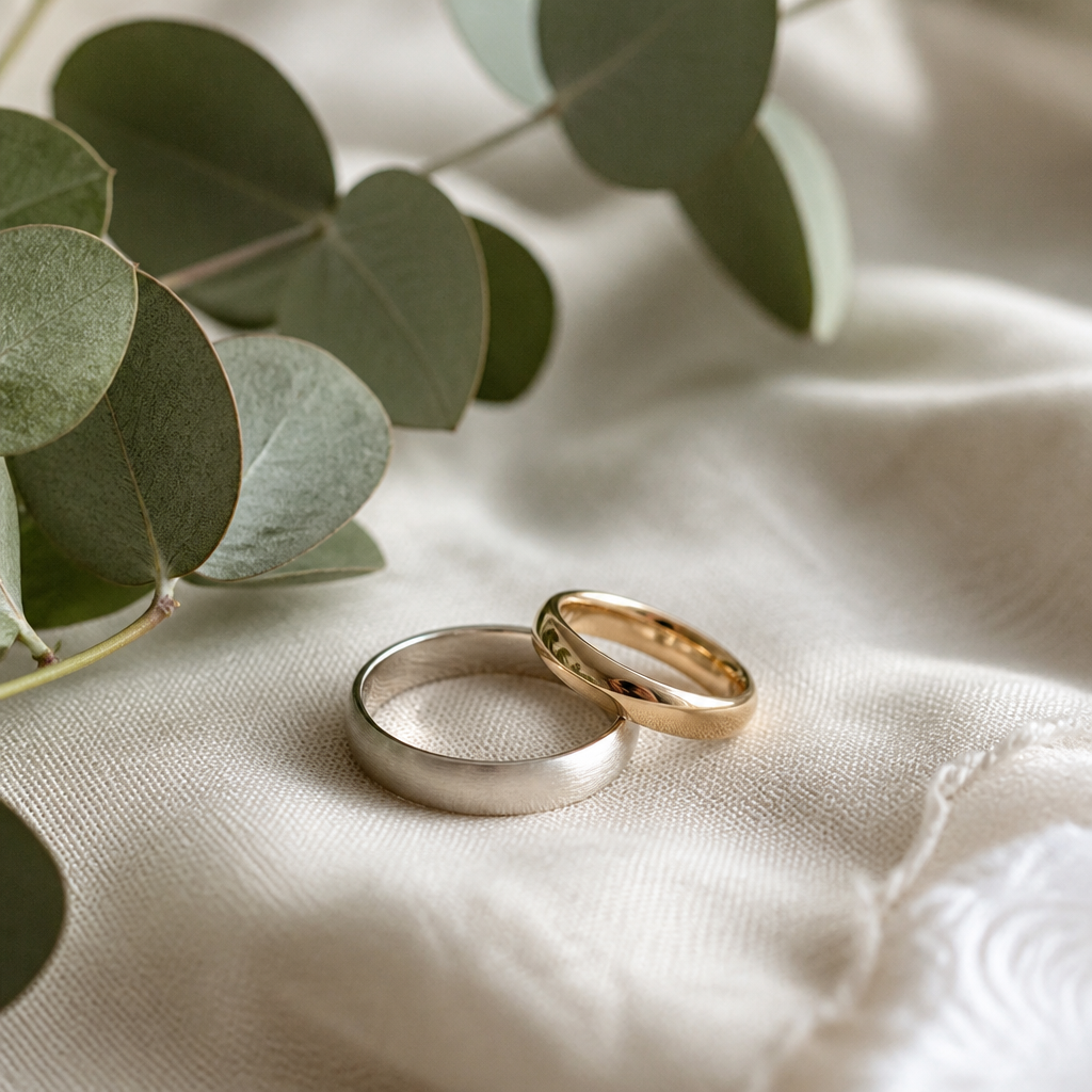 Wedding rings resting on linen fabric